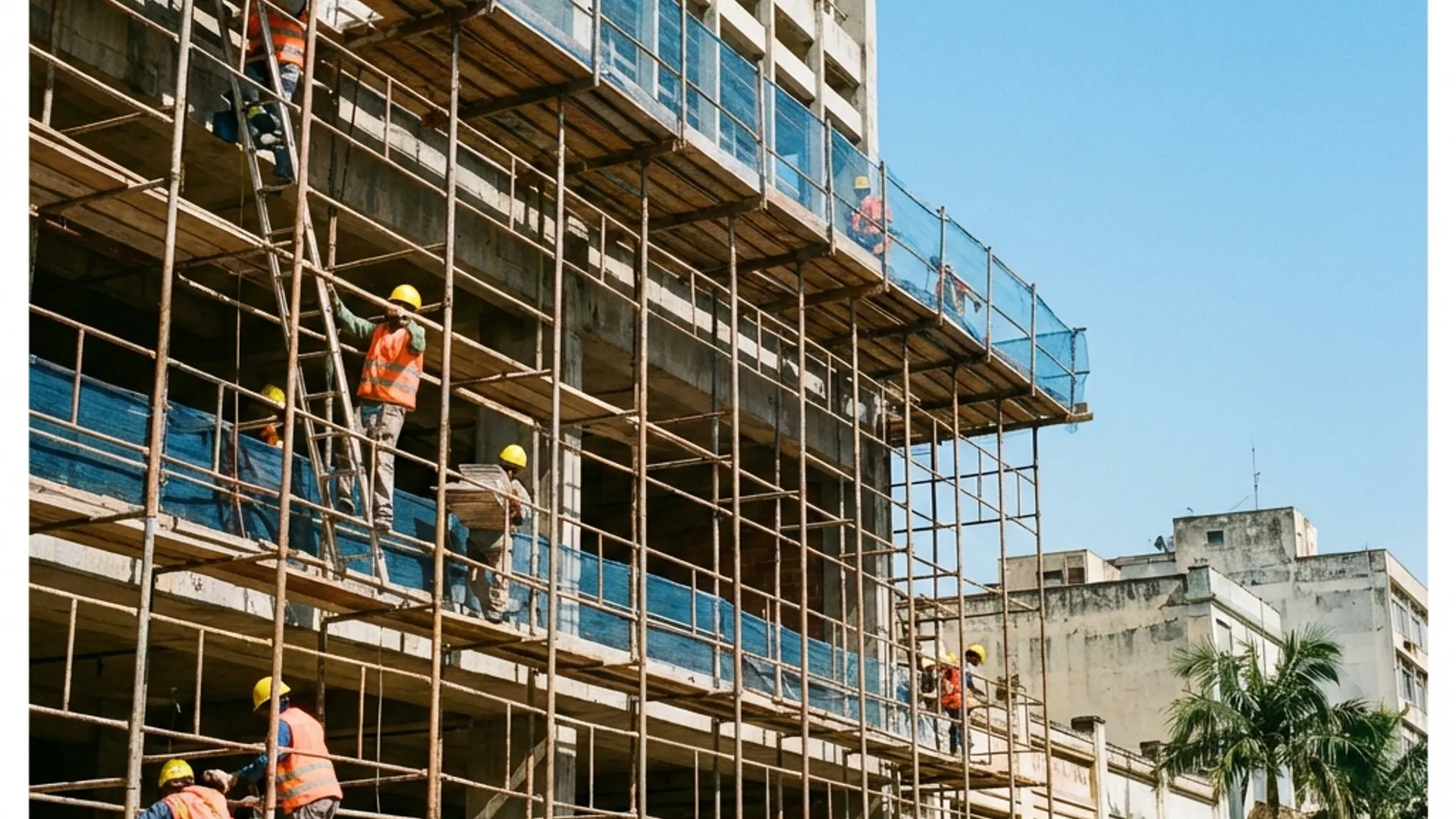 Andaimes tubulares montados em fachada de edifício em construção