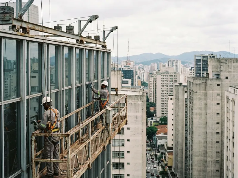 Balancim suspenso com trabalhadores em fachada de edifício comercial