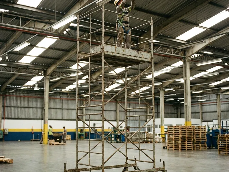 Torre de andaime móvel com rodízios em galpão industrial