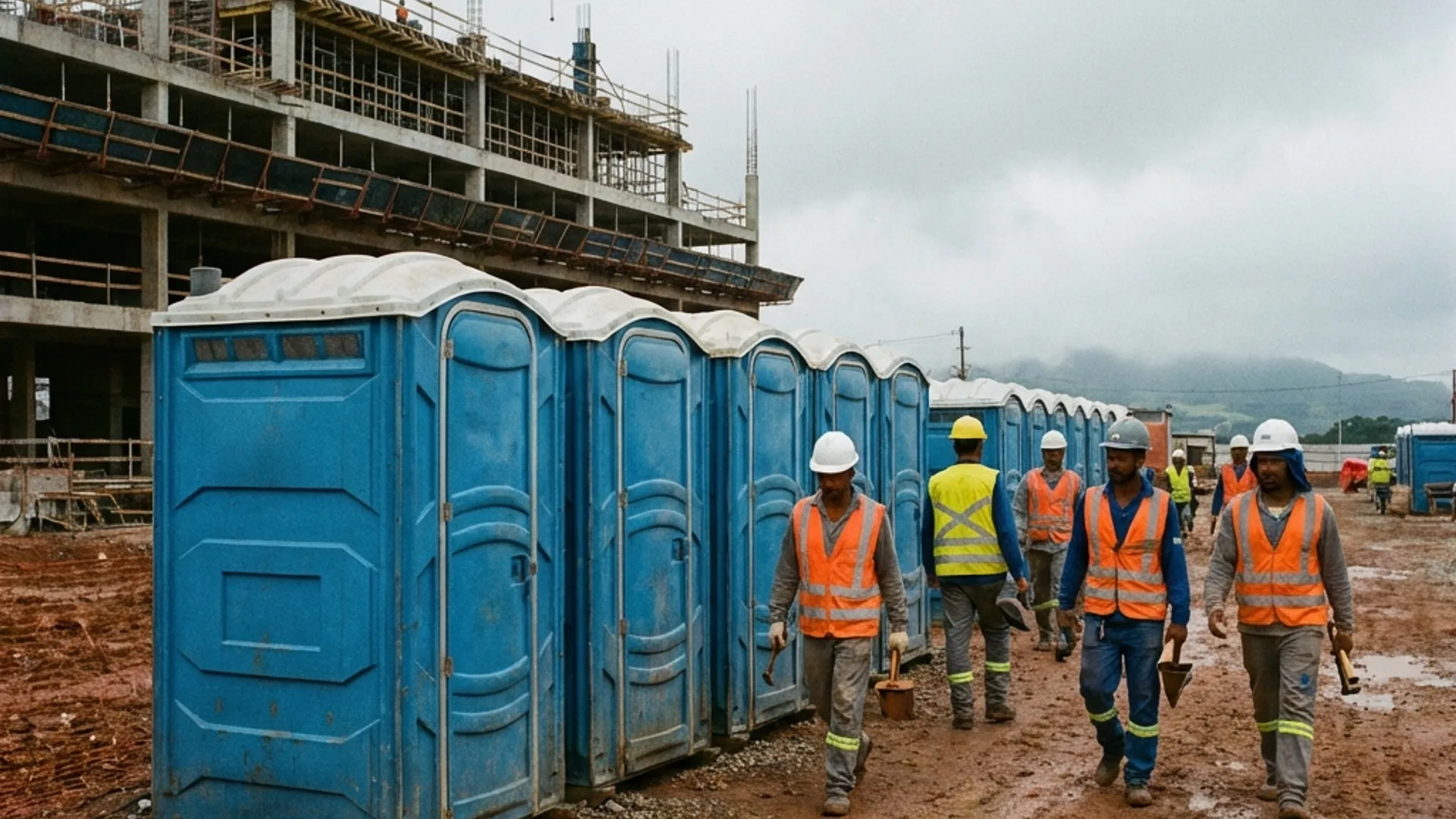 Banheiros químicos alinhados em canteiro de obras
