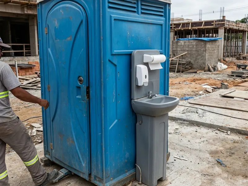 Banheiro químico com lavatório acoplado e bomba de pé