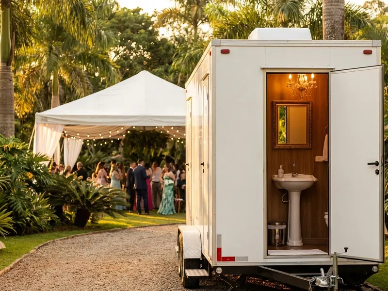 Trailer de banheiro de luxo para eventos com acabamento premium