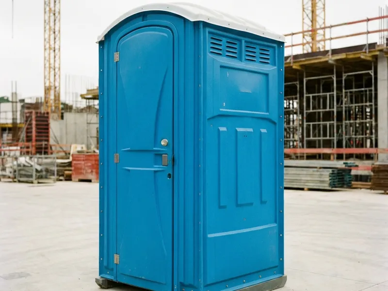 Banheiro químico padrão azul em canteiro de obras