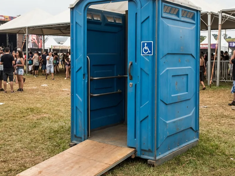 Banheiro químico acessível PCD com rampa e barras de apoio