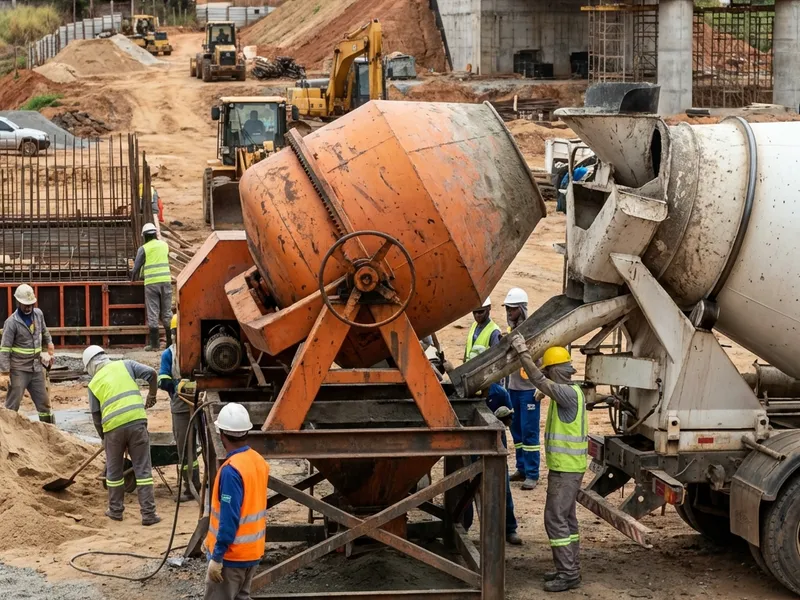 Betoneira 600 litros em obra de infraestrutura