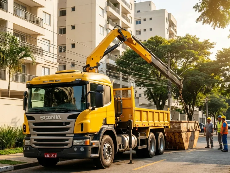 Caminhão poliguindaste entregando caçamba de entulho em rua de São Paulo