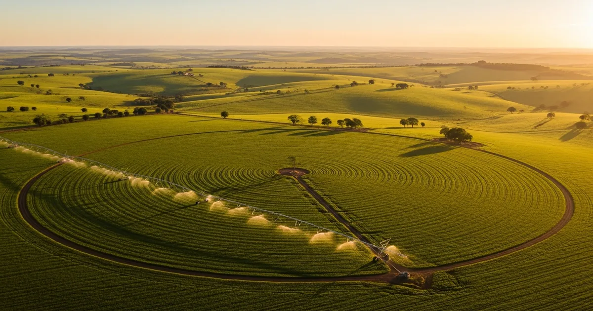 Lavoura de soja no Brasil com sistema de irrigação por pivô central em operação