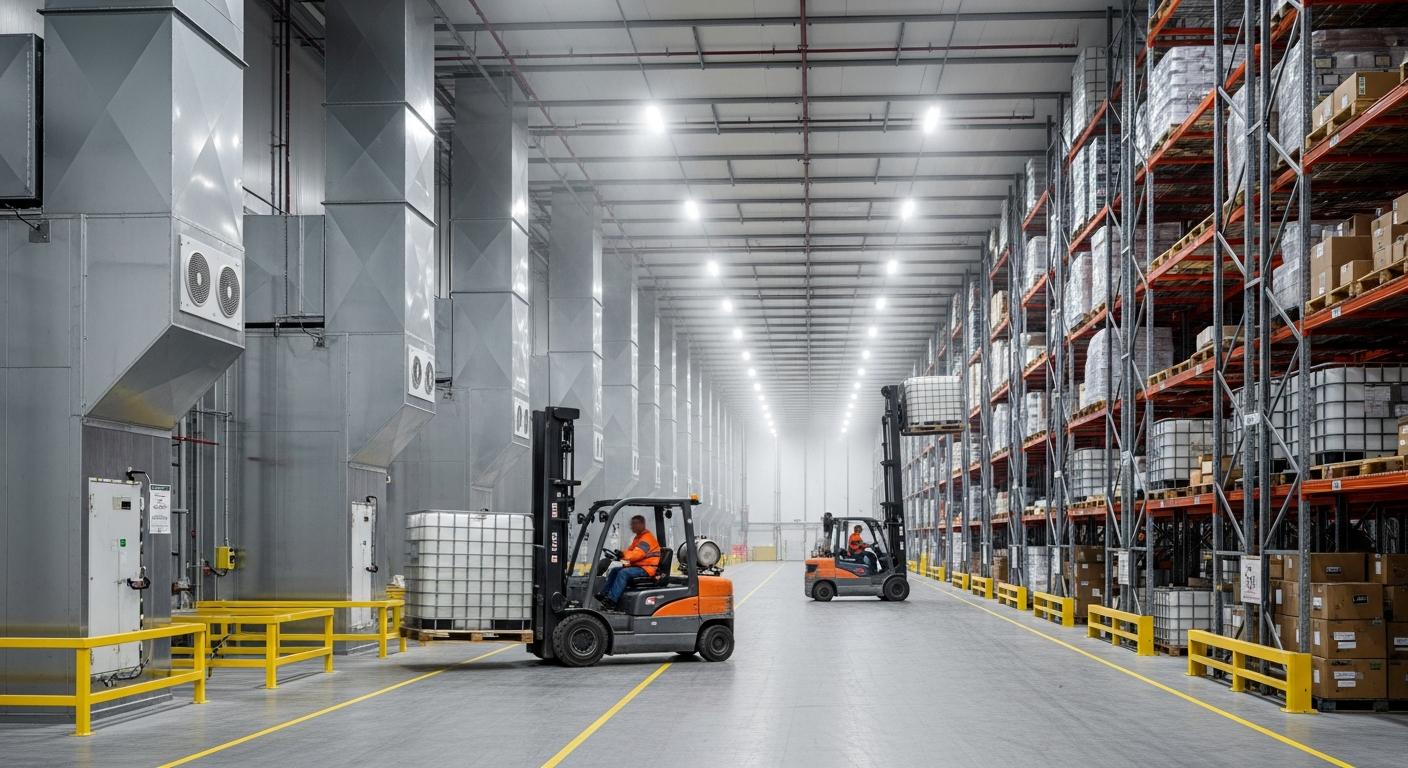 Interior de um grande armazém refrigerado com prateleiras altas e empilhadeiras em operação