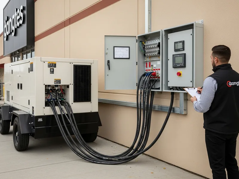 Grupo gerador instalado na doca de supermercado com painel de transferência automática e técnico monitorando