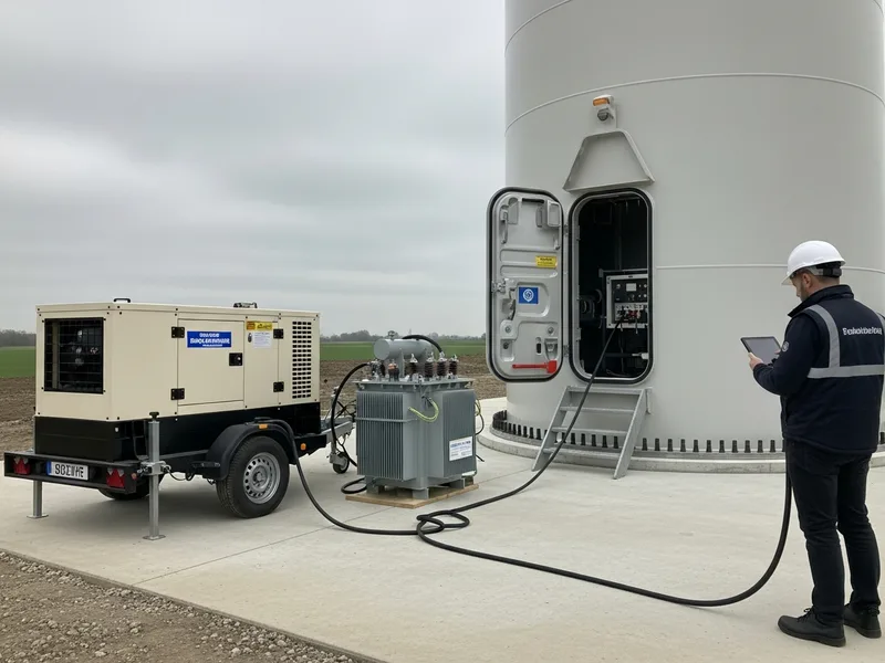 Grupo gerador industrial em operação no canteiro de obras de um parque eólico