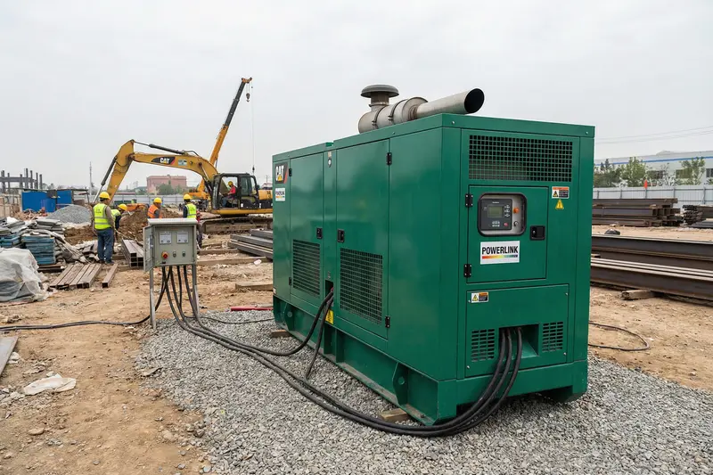 Grupo gerador diesel TEG Rental instalado e operando em canteiro de obras