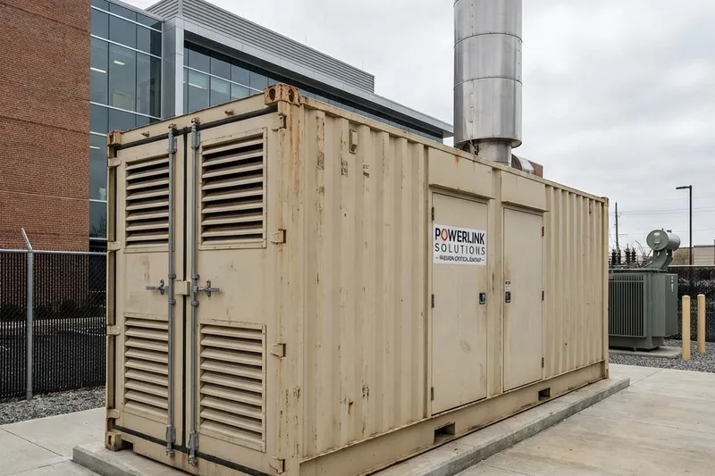 Grupo gerador industrial instalado em data center com quadro de transferência automática