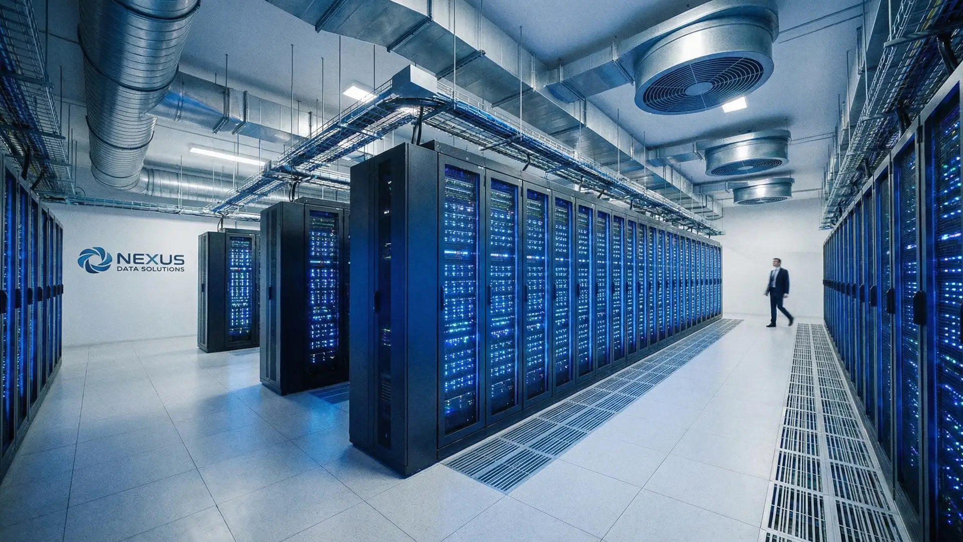 Corredor de servidores em data center com iluminação azul e infraestrutura de alta disponibilidade