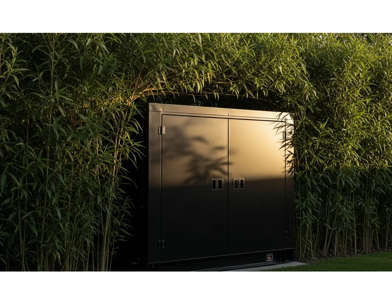 Gerador silencioso compacto oculto atrás de vegetação em local de casamento ao ar livre