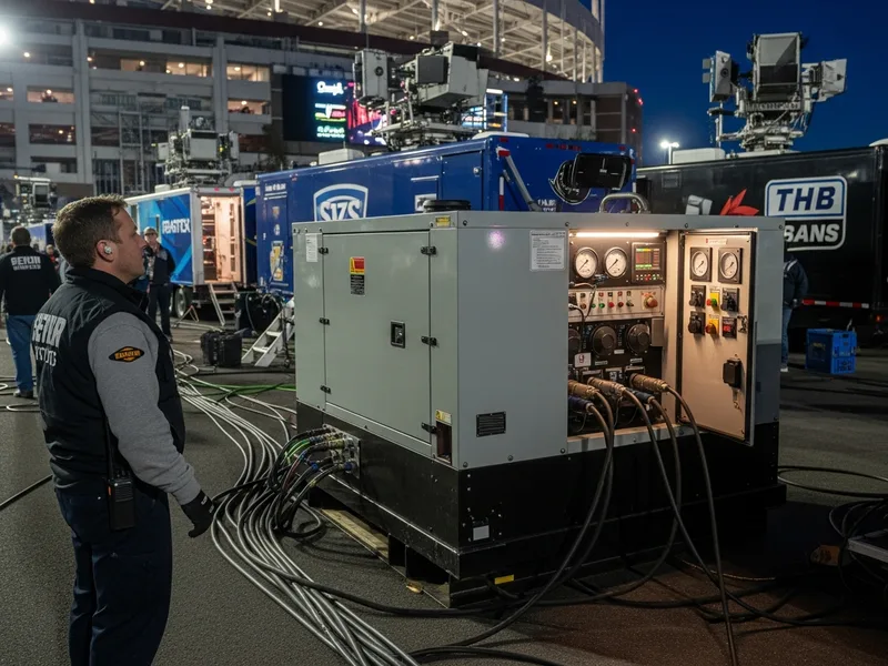 Gerador industrial nos bastidores de evento esportivo com cabos conectados a caminhões de transmissão