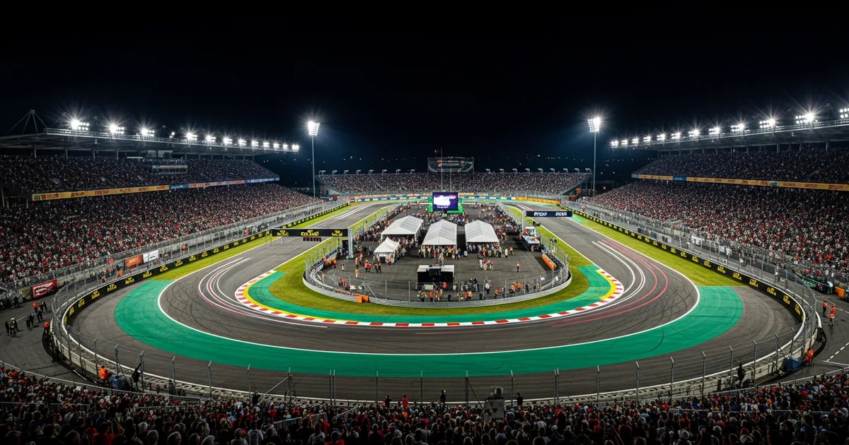Vista aérea de grande evento esportivo noturno com luzes de estádio e multidão de 50 mil pessoas