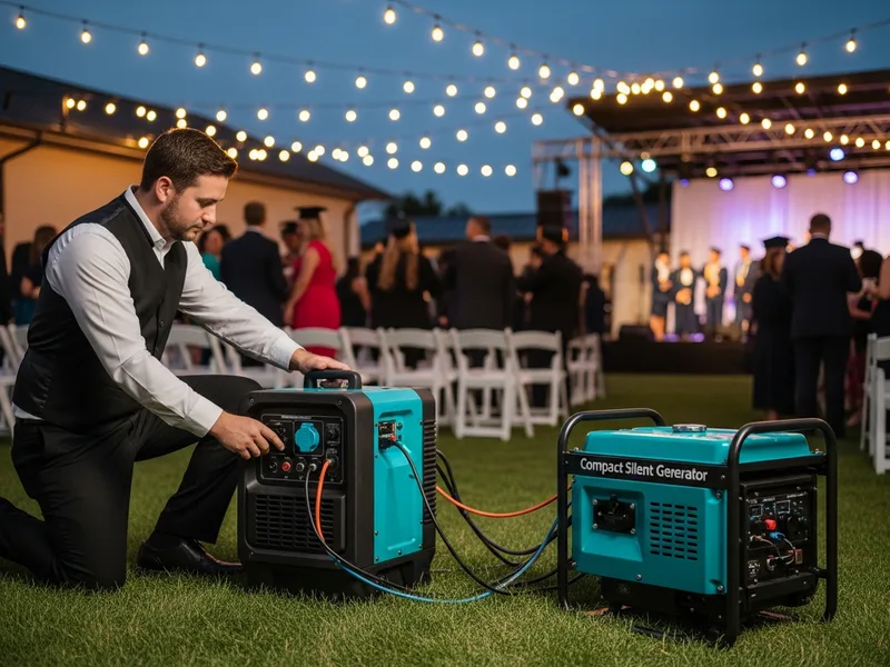 Gerador silencioso compacto alimentando local de festa de formatura ao ar livre com técnico verificando conexões