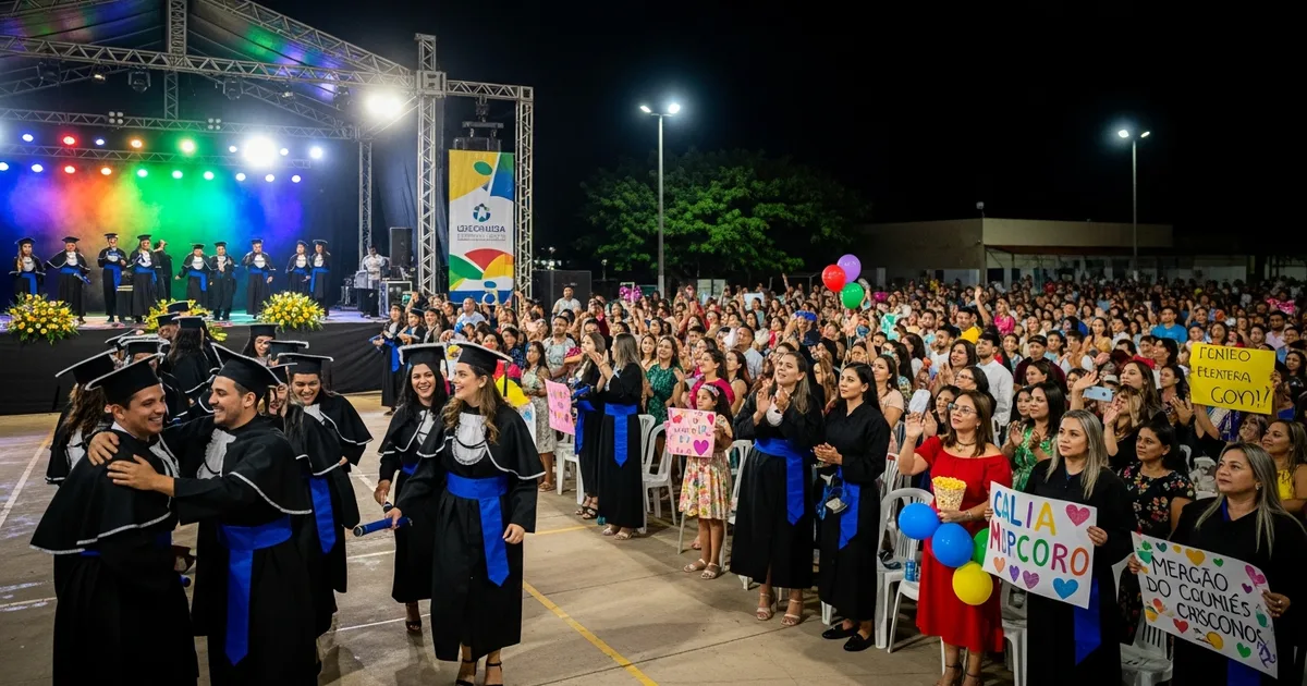 Cerimônia de formatura universitária ao ar livre à noite com formandos em beca e palco iluminado