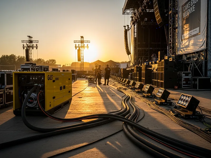 Gerador industrial com cabos de energia correndo para palco de show ao ar livre