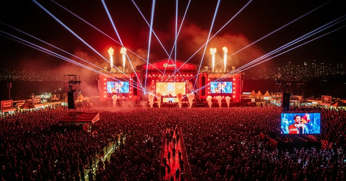Festival de música ao ar livre à noite com palco iluminado, lasers e multidão de milhares de pessoas