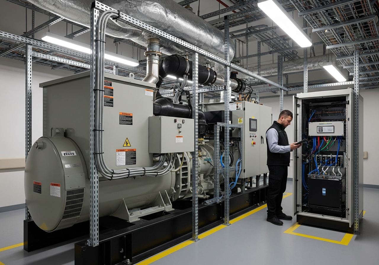 Grupo gerador industrial instalado em área técnica de hospital com quadro de transferência automática