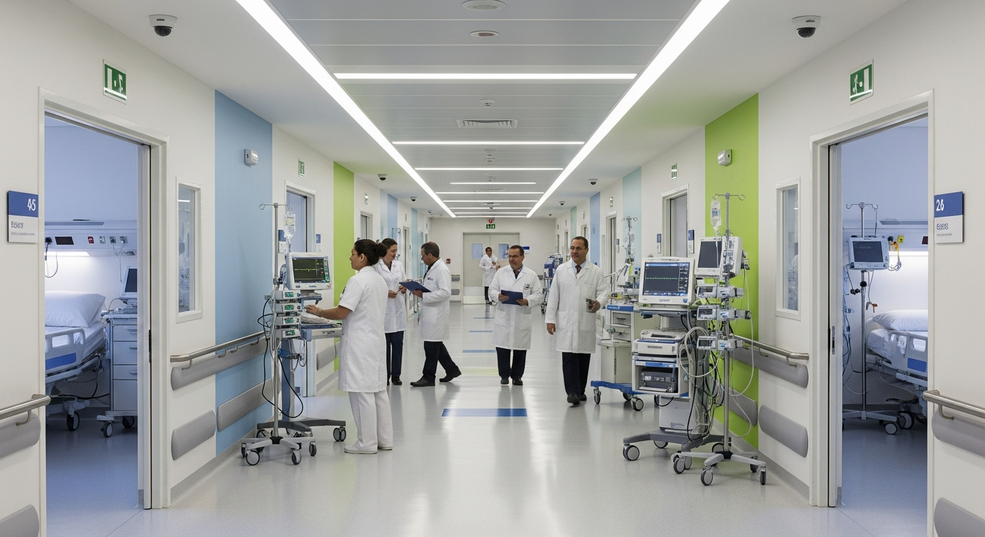 Corredor hospitalar iluminado com equipe médica em operação e equipamentos de suporte à vida