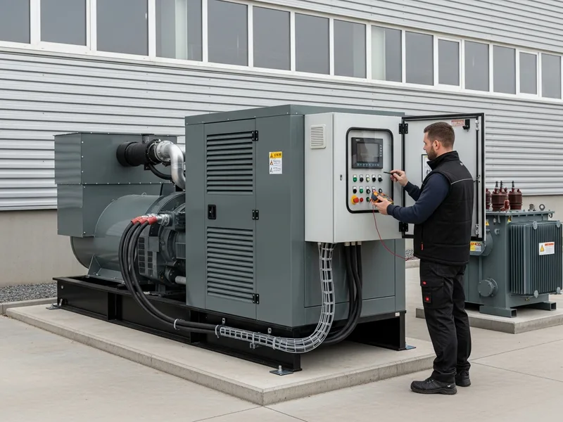 Grupo gerador industrial 500kVA instalado ao lado de fábrica com painel de controle e técnico fazendo leitura