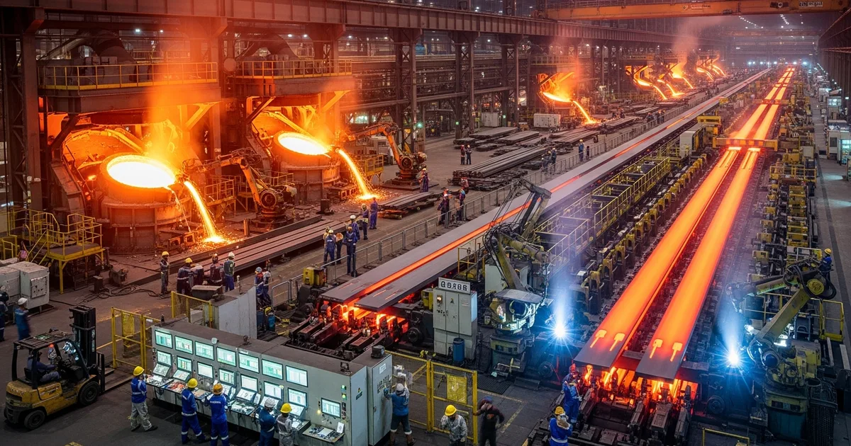 Interior de planta industrial brasileira à noite com maquinário em operação e iluminação dramática