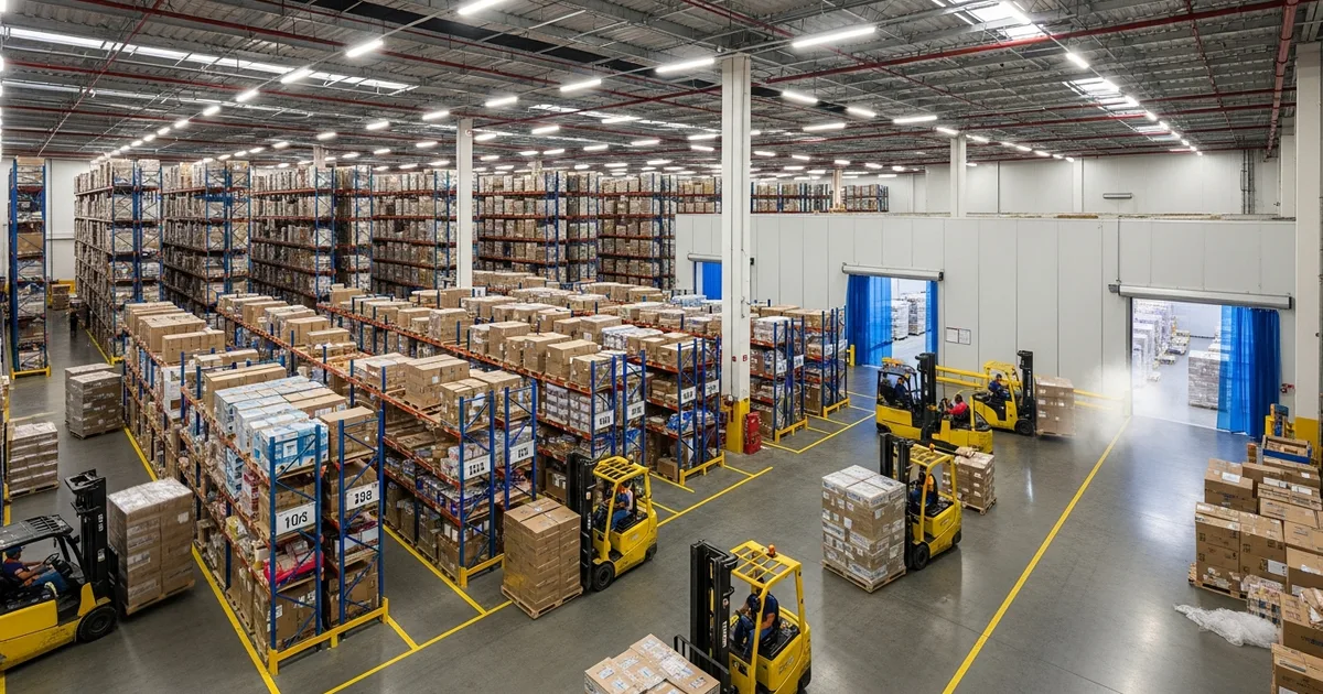 Interior de grande centro de distribuição brasileiro com empilhadeiras em operação e prateleiras cheias de caixas