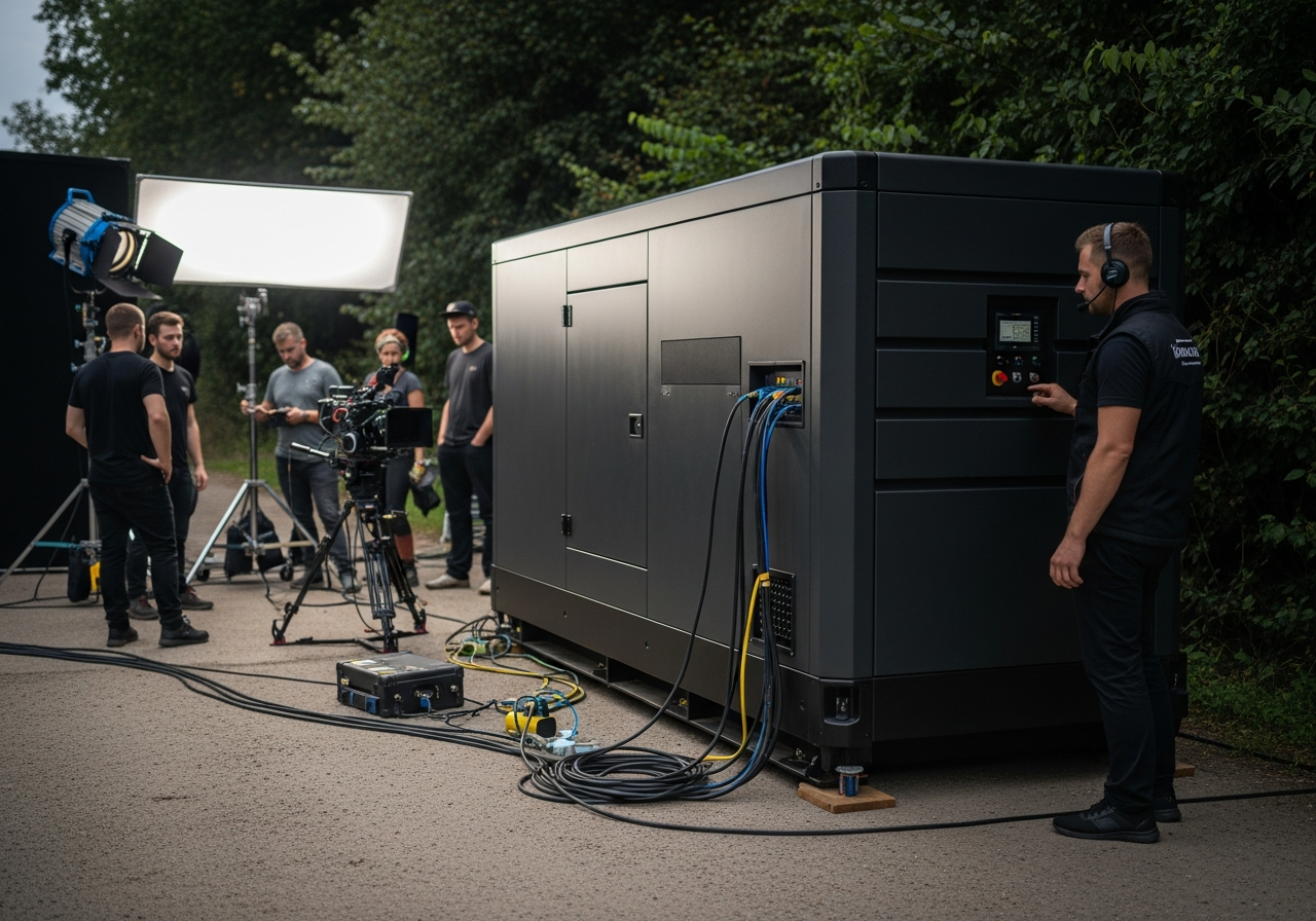 Gerador ultra-silencioso posicionado ao lado de set de filmagem com equipe de TV