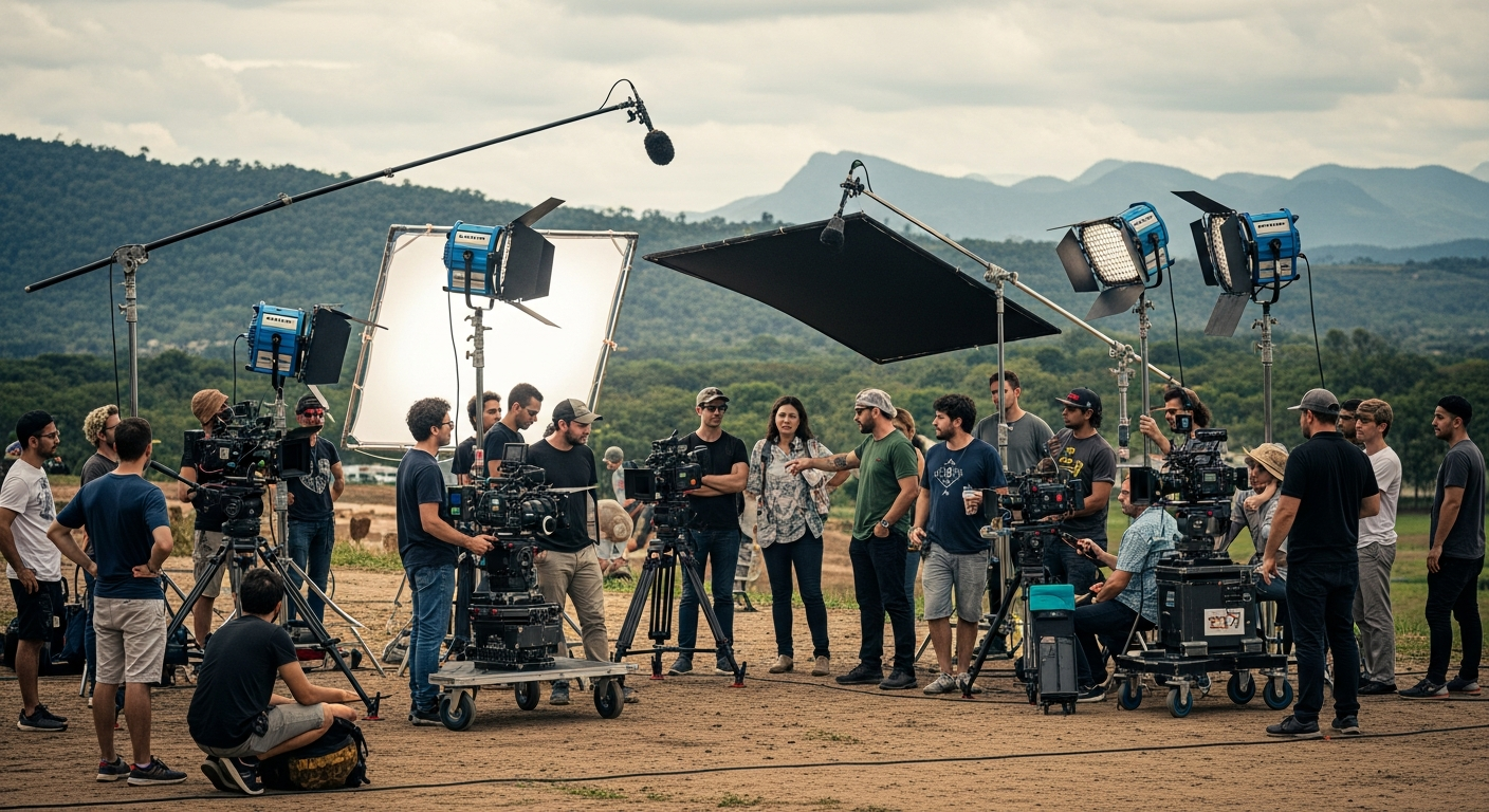 Set de filmagem com iluminação profissional e equipe de produção audiovisual