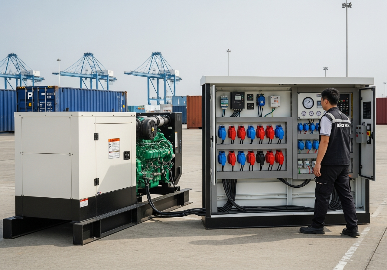 Grupo gerador de grande porte alimentando um pátio de contêineres reefer em um terminal portuário