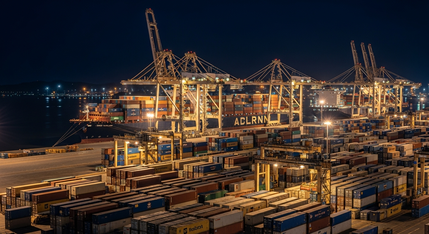 Porto movimentado com guindastes STS (ship-to-shore) operando em um navio de contêineres