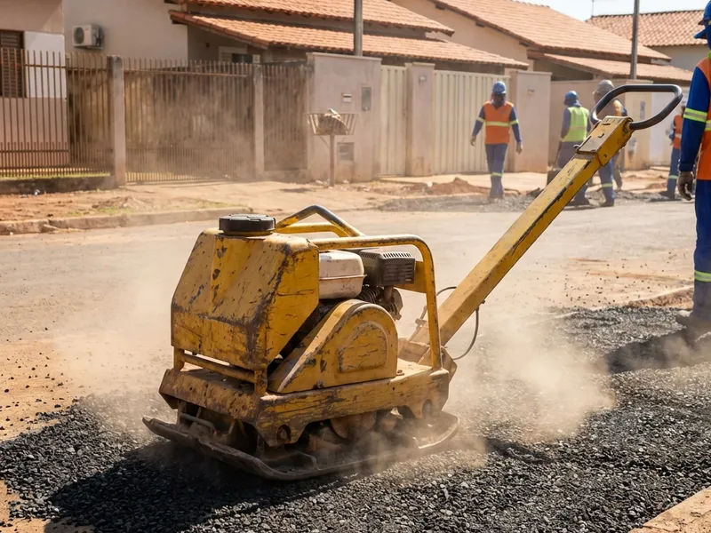 Placa vibratória compactando base de brita em obra de pavimentação