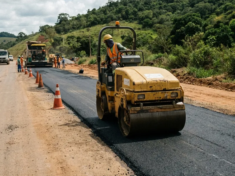 Rolo compactador vibratório leve em obra de pavimentação