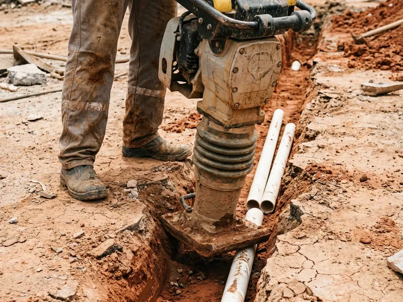 Compactador tipo sapo amarelo em trincheira de obra