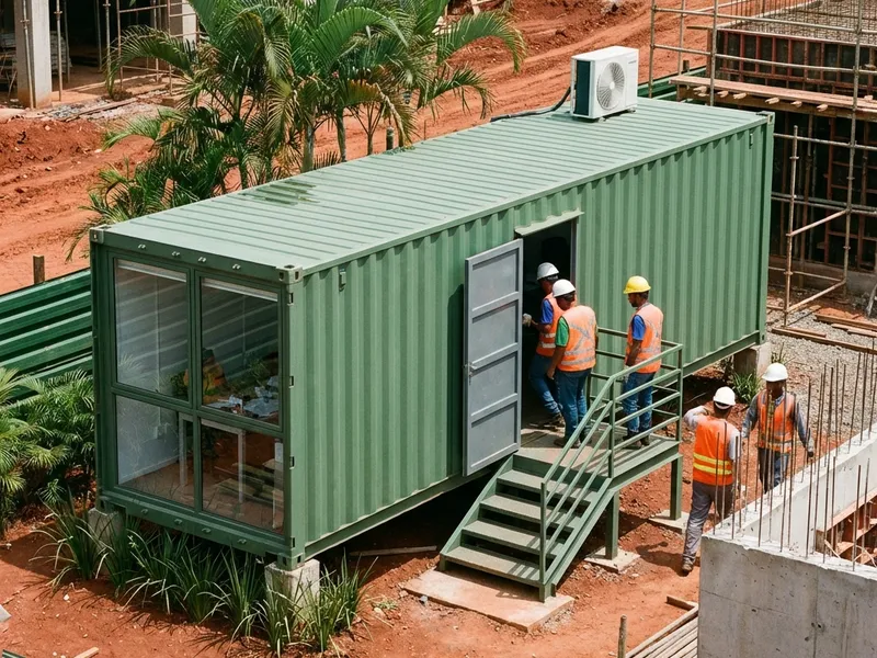Container escritório com janelas e ar-condicionado em canteiro de obra