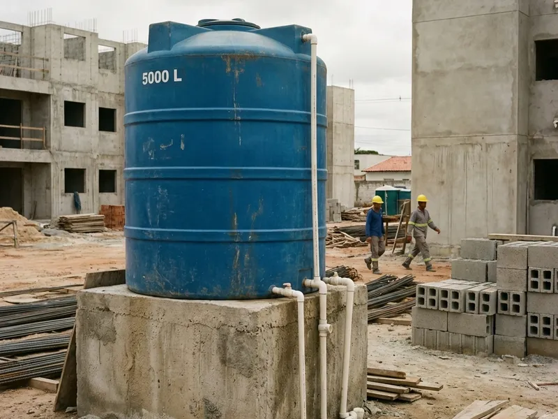 Tanque vertical de água potável de 5000 litros em canteiro de obra