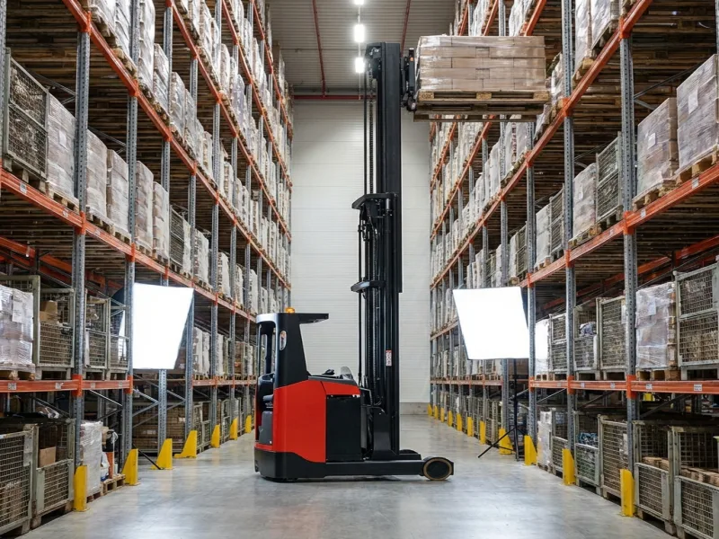 Empilhadeira retrátil operando em corredor estreito de armazém