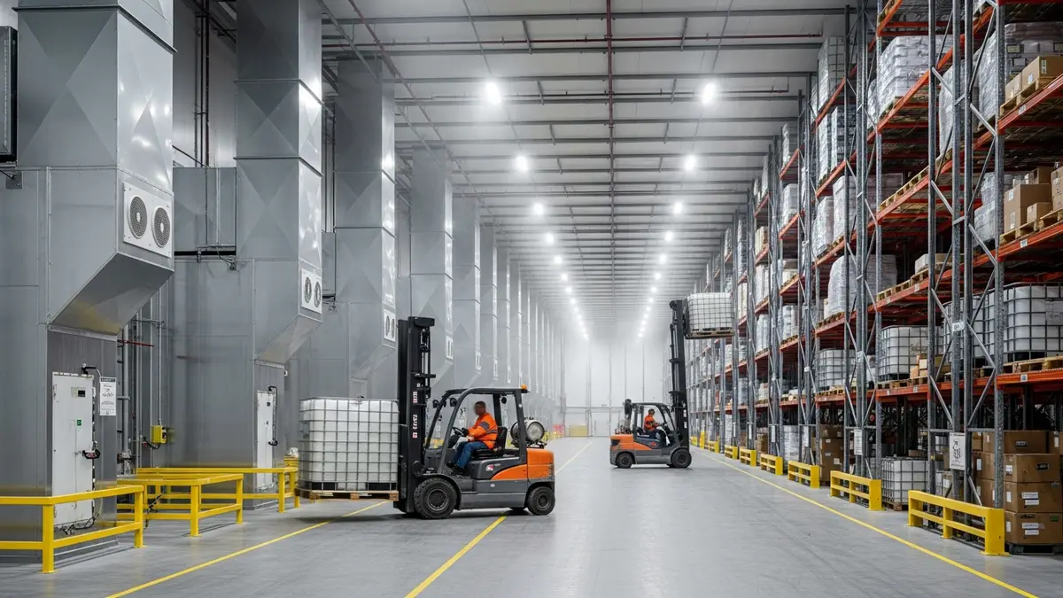 Armazém refrigerado de centro de distribuição, com evaporadores na parede, porta-paletes e empilhadeiras em operação