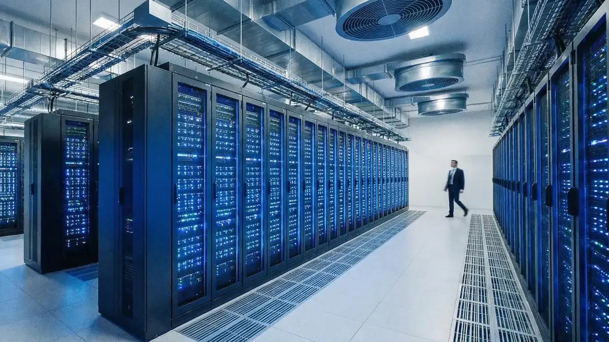 Corredor de data center com fileiras de racks de servidores e piso elevado