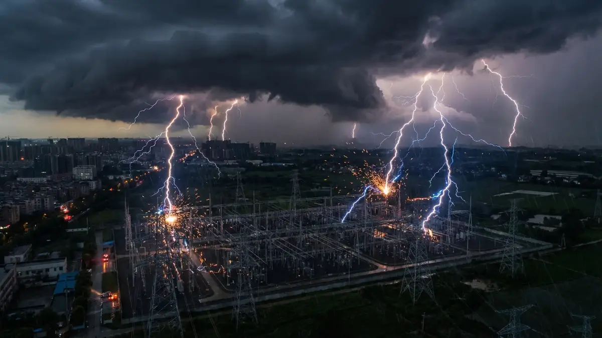 Tempestade com raios sobre uma subestação e linhas de transmissão de energia, com a cidade ao fundo