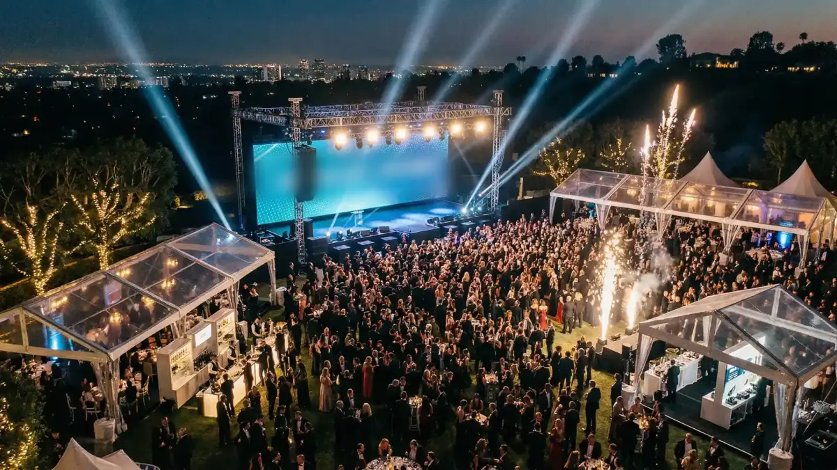 Evento corporativo ao ar livre à noite, visto do alto, com palco e telão iluminados, feixes de luz, tendas transparentes e convidados reunidos no gramado