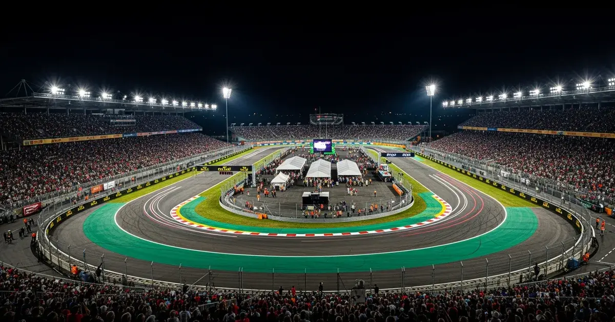 Circuito de corrida iluminado à noite, com arquibancadas lotadas, refletores e tendas de apoio montadas no centro da pista