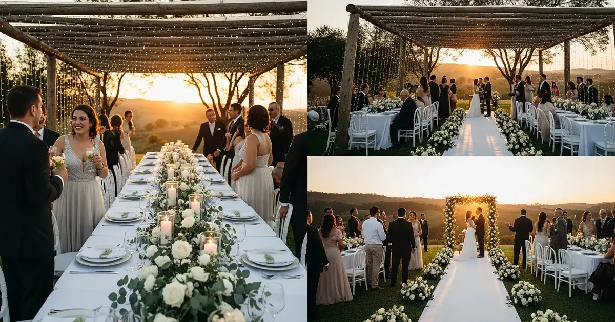 Casamento ao ar livre no campo ao pôr do sol: mesa de jantar com flores brancas e velas sob um pergolado com varais de luz, e cerimônia com corredor de flores e arco floral diante dos convidados