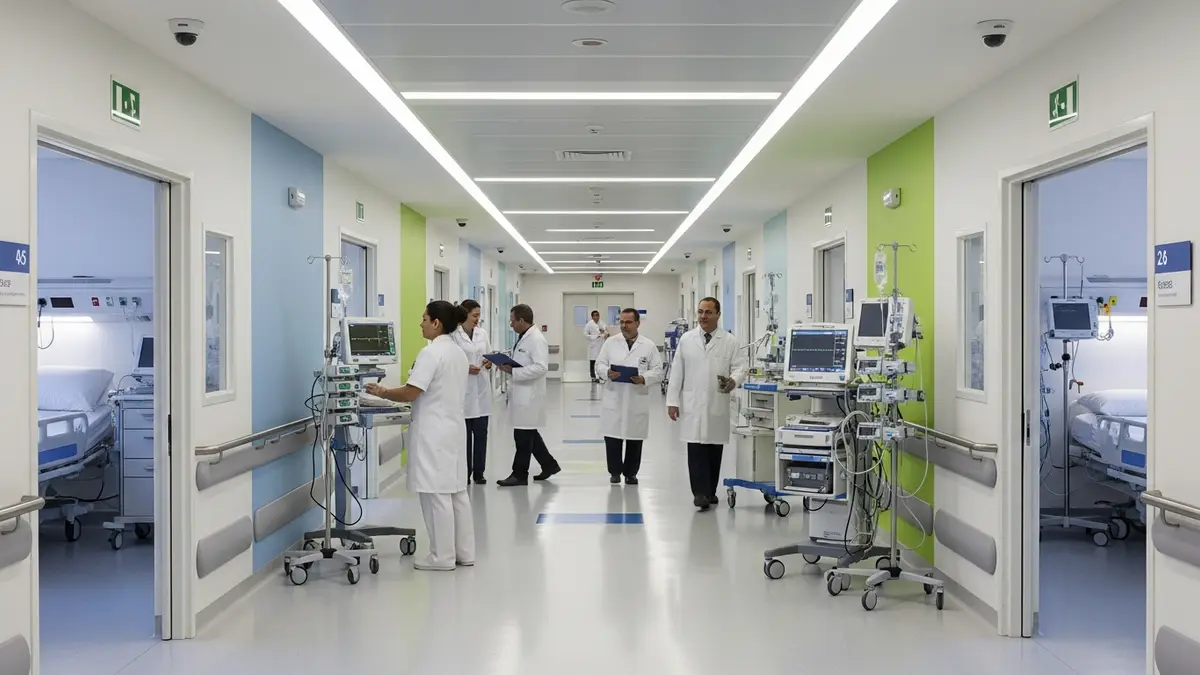 Corredor de hospital com equipe de saúde e equipamentos ao lado dos quartos