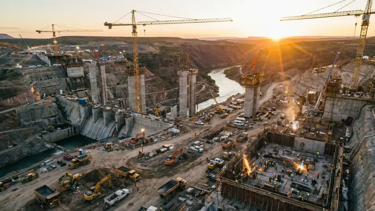 Grande obra de infraestrutura ao entardecer, com gruas, pilares de ponte em construção sobre um rio, escavadeiras e caminhões no canteiro