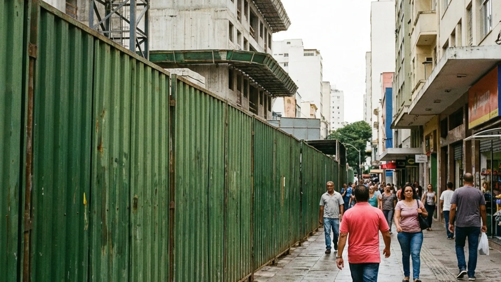 Tapumes metálicos instalados em canteiro de obras urbano