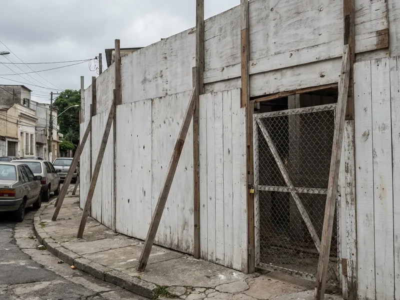Tapume de madeira compensada pintado de branco em obra residencial