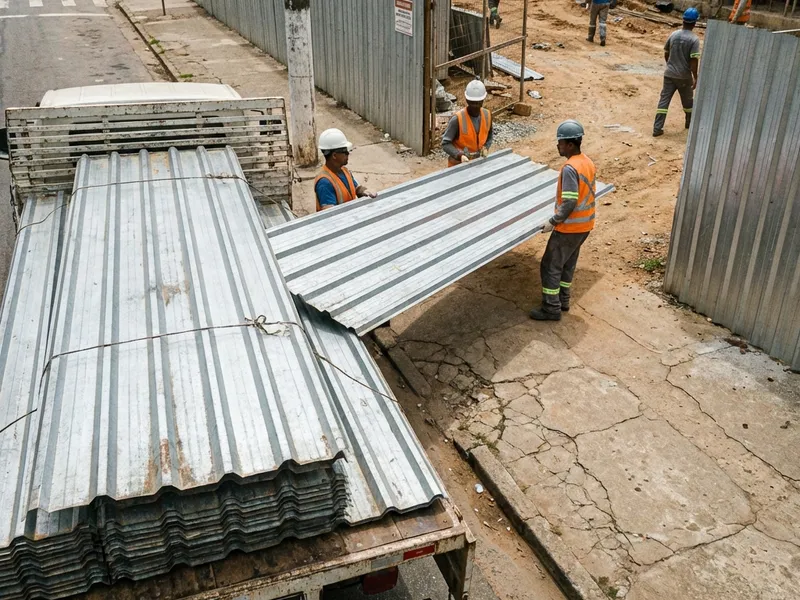 Tapume metálico galvanizado instalado em canteiro de obras urbano